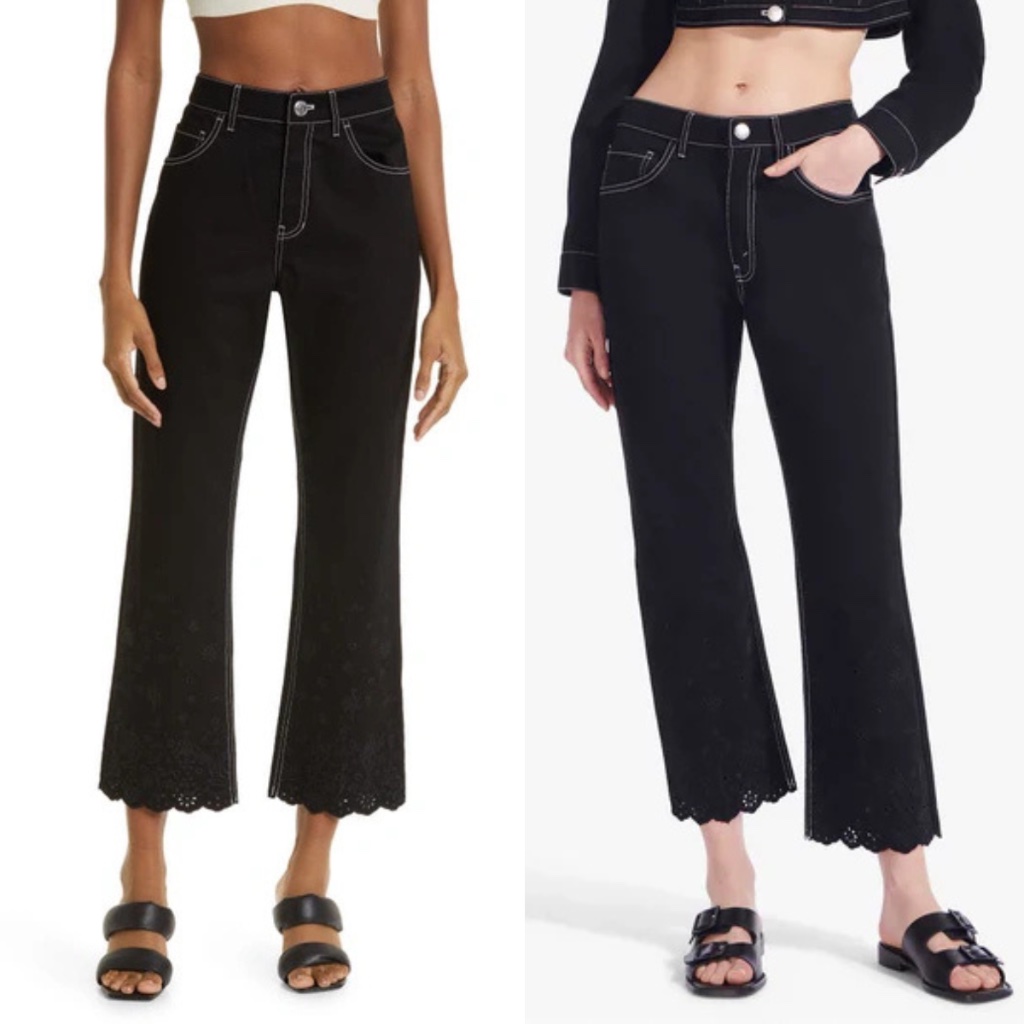 Staud Noemie Eyelet Embroidered Straight Jeans In Black Size 0